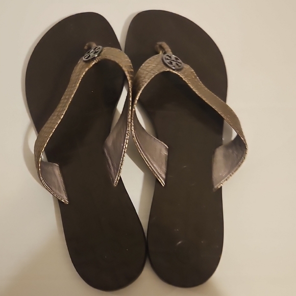 Tory Burch Thora Sandals Snakeskin Embossed Leather Flip Flops Brown Size 9 - Picture 10 of 13